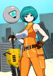  1girl aqua_eyes aqua_hair armpits bare_arms belt blue_sky bob_cut breasts brown_belt brown_gloves building cargo_pants chainsword closed_mouth color_contrast commentary_request cowboy_shot crane_(machine) cubechicken15 day fingerless_gloves gloves hand_on_own_hip head-mounted_display jumpsuit light_frown looking_at_viewer medium_breasts midair motorslice multiple_moles orange_jumpsuit orb orbie outdoors p_(motorslice) pants planted planted_sword robot ruins sand serious short_hair single_fingerless_glove sky skyscraper sleeveless_jumpsuit solo standing sword turning_head turtleneck_jumpsuit vertical-striped_jumpsuit weapon 