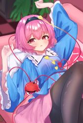  1girl black_hairband blue_shirt breasts brown_pantyhose buttons checkered_floor collared_shirt commentary_request couch disembodied_linked_eye eyeball frilled_shirt_collar frilled_sleeves frills hair_ornament hairband heart heart_button heart_hair_ornament highres komeiji_satori long_sleeves looking_at_viewer on_couch open_mouth pantyhose pico_kimuchi pink_eyes pink_hair pink_skirt ribbon-trimmed_collar ribbon_trim shirt short_hair skirt small_breasts solo touhou wide_sleeves 