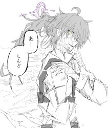  1girl absurdres ahoge blue_archive chest_rig commentary_request fancy_embedded_notes gojo_satoru greyscale halo hand_on_own_shoulder healing highres hoshino_(blue_archive) injury jujutsu_kaisen long_hair looking_at_viewer monochrome ponytail rei_feng_sumi_ato scar scar_across_eye scar_on_arm scar_on_face scar_on_forehead scar_on_mouth scar_on_shoulder scene_reference shirt smoke solo speech_bubble spot_color white_background yellow_eyes 