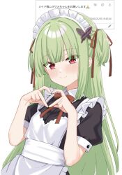  1girl alternate_costume apron black_dress blunt_bangs blunt_ends blush bow bowtie butterfly_hair_ornament closed_mouth commentary_request cowboy_shot dress enmaided eyes_visible_through_hair fan_request four-finger_heart_hands frilled_apron frills green_hair hair_between_eyes hair_ornament hair_ribbon hands_up heart heart_hands highres long_hair maid maid_apron maid_headdress murasame_(senren) puffy_short_sleeves puffy_sleeves red_bow red_bowtie red_eyes red_ribbon ribbon senren_banka short_sleeves sidelocks simple_background smile solo split_mouth straight_hair tft_(tft7822) tsurime two_side_up very_long_hair white_apron white_background 