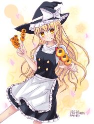  1girl apron black_skirt black_vest blonde_hair blush bow commentary_request dango dated food frilled_hat frilled_skirt frills hat hat_bow holding holding_food kirisame_marisa long_hair puffy_short_sleeves puffy_sleeves shirt short_sleeves skirt solo teruteruyohou touhou translation_request very_long_hair vest wagashi waist_apron white_apron white_bow white_shirt witch_hat yellow_eyes 
