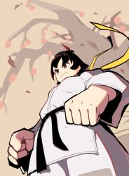  1girl ahoge belt black_belt black_hair brown_eyes choker clenched_hands closed_mouth dougi from_below frown highres karate_gi lineni makoto_(street_fighter) martial_arts_belt ribbon_choker short_hair solo street_fighter street_fighter_iii_(series) tomboy tree 
