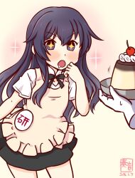  +_+ 1girl 1other akatsuki_(kancolle) apron artist_logo badge black_hair collared_shirt cosplay dated disembodied_hand dress_shirt drooling food kanon_(kurogane_knights) kantai_collection leaning_forward logo long_hair one-hour_drawing_challenge open_mouth pudding shirt sparkle standing wagnaria_uniform white_shirt working!! yamada_aoi yamada_aoi_(cosplay) yellow_apron 