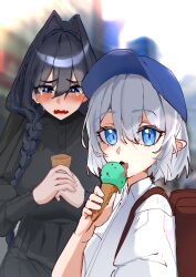  1boy 1girl absurdres backpack bag baseball_cap black_dress black_hair blue_eyes blue_hat blush boros_(ouro_kronii) braid commentary crying daaku_(koizumi_arata) dress fang fangs food forked_tongue grey_hair hair_between_eyes hair_intakes hat highres holding holding_ice_cream_cone hololive hololive_english ice_cream ice_cream_cone ice_cream_cone_spill licking long_hair long_sleeves official_alternate_costume open_mouth ouro_kronii ouro_kronii_(maid) personification pointy_ears puffy_long_sleeves puffy_sleeves shirt short_sleeves skin_fang skin_fangs tongue tongue_out virtual_youtuber white_shirt 