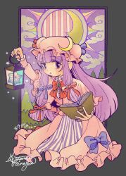  1girl blue_bow blue_ribbon book bow bowtie brooch capelet clouds commentary_request commission crescent crescent_hat_ornament crescent_moon dress full_body grey_background hair_ribbon hat hat_ornament highres holding holding_book holding_lantern jewelry lantern long_hair long_sidelocks long_sleeves mob_cap moon morinaga_ayami patchouli_knowledge pine_tree pink_capelet pink_dress pink_hat purple_dress purple_hair red_bow red_bowtie red_ribbon ribbon sidelocks skeb_commission solo star_(symbol) striped_clothes striped_dress touhou translation_request tree violet_eyes 