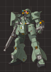  absurdres cable commentary_request glowing glowing_eye grid_background gun gundam highres ke_yukikaze machine_gun mecha mecha_focus mobile_suit mobile_suit_gundam no_humans one-eyed original radio_antenna red_eyes redesign robot science_fiction shield shoulder_spikes spikes unfinished weapon zaku_ii zeon 