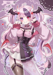  1225abmisako 1girl absurdres ahoge asymmetrical_legwear black_nails chain chest_harness choker commentary_request corset demon_girl demon_horns demon_tail demon_wings hair_ornament harness head_wings heart heart_ahoge heart_hair_ornament heterochromia highres horns ironmouse ironmouse_(15th_costume) looking_at_viewer mismatched_legwear multicolored_hair pink_choker pink_hair pink_nails pointy_ears purple_hair purple_streaks streaked_hair tail twintails violet_eyes virtual_youtuber vshojo wings 