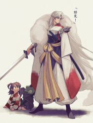  1girl 2boys arm_support black_eyes black_hair black_kimono checkered_clothes checkered_kimono child closed_mouth coffee_beans_(5offee8eans) commentary_request crescent crescent_facial_mark facial_mark forehead_mark full_body furisode hair_between_eyes hakama hakama_pants highres holding holding_sword holding_weapon inuyasha jaken japanese_clothes kimono long_hair long_sleeves looking_at_another multiple_boys orange_eyes pants pointy_ears rin_(inuyasha) scabbard seiza sesshoumaru sheath shoulder_spikes simple_background sitting spikes standing sword translation_request very_long_hair weapon whisker_markings white_background white_hair white_hakama white_kimono 