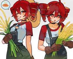  1girl aki_achimara_xd alternate_costume baguette black_choker bread choker drooling farmer food holding_wheat kasane_teto kasane_teto_(utau) multiple_views overalls red_eyes red_hair sparkling_eyes speech_bubble sweatdrop utau wheat white_background 