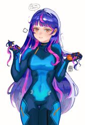 1girl alternate_hair_length_(longer) blue_bodysuit bodysuit cowboy_shot hand_in_own_hair highres juno_(overwatch) long_hair looking_at_viewer nakoneart overwatch pout simple_background solo standing very_long_hair 