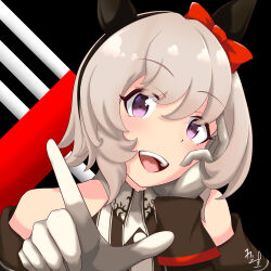  1girl animal_ears bare_shoulders black_hairband blush bow coat curren_chan_(fille_eclair)_(umamusume) curren_chan_(umamusume) dress ear_bow ear_covers gloves grey_hair hairband hand_on_own_cheek hand_on_own_face head_rest highres horse_ears horse_girl long_sleeves looking_at_viewer off-shoulder_coat off-shoulder_dress off-shoulder_jacket off_shoulder open_mouth red_bow short_hair smile solo striped_clothes striped_dress teeth umamusume upper_body upper_teeth_only vertical-striped_clothes vertical-striped_dress violet_eyes white_gloves ys_0929 