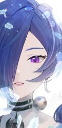  1girl blue_hair broken_glass commentary crescent crescent_earrings earrings glass glass_shards hair_over_one_eye highres isuka jewelry long_hair looking_at_viewer parted_lips portrait promeia_(zenless_zone_zero) solo violet_eyes zenless_zone_zero 