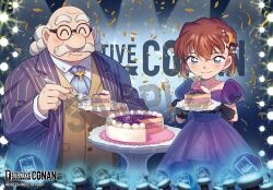  1boy 1girl :t ^_^ agasa_hiroshi anniversary bald black_gloves blue_eyes blueberry brown_cardigan brown_hair cake cardigan closed_eyes closed_mouth collarbone collared_shirt commentary_request confetti copyright_logo copyright_notice crossed_bangs dress eating facial_hair food fork fruit gloves grey_background haibara_ai hair_ornament holding holding_fork holding_plate jacket logo meitantei_conan meitantei_conan_card_game mustache official_art old old_man plate puffy_sleeves purple_dress purple_jacket sample_watermark shirt short_hair short_sleeves smile stage_lights standing streamers striped_clothes striped_jacket trading_card ukata vertical-striped_clothes vertical-striped_jacket watermark wavy_hair white_hair white_shirt 