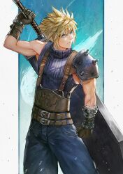  1boy absurdres arm_up armor belt belt_buckle black_gloves blonde_hair blue_eyes blue_pants blue_sweater buckle buster_sword closed_mouth cloud_strife cowboy_shot english_commentary final_fantasy final_fantasy_vii gloves highres holding holding_sword holding_weapon huge_weapon looking_at_viewer male_focus multiple_belts pants ribbed_sweater short_hair shoulder_armor single_bare_shoulder sleeveless sleeveless_turtleneck solo spiky_hair suspenders sweater sword tim_kong turtleneck turtleneck_sweater weapon 