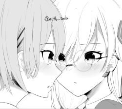  2girls blush close-up commentary_request earpiece glasses hair_over_eyes heaven_burns_red highres izumi_yuki kayamori_ruka long_bangs looking_at_another monochrome multiple_girls myth_saka short_hair yuri 