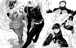  1boy 2girls absurdres angry black_suit candy charon_(project_moon) commentary eating ezra_(project_moon) food glasses hands_on_another's_neck hat highres holding holding_oar jacket limbus_company long_hair monochrome multiple_girls muscular muscular_male oar project_moon punching short_hair shrugging skirt suit the_distortion_detective the_g_(bhu204) thigh-highs untranslatable_commentary vespa_crabro 