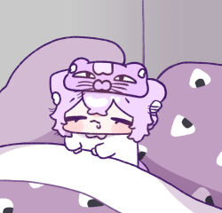  1girl animal_ear_fluff animal_ears blanket blush_stickers cat_ears cat_girl chibi chibi_only closed_eyes closed_mouth commentary_request crossed_bangs double-parted_bangs highres hololive indoors long_sleeves nekomata_okayu on_bed pillow purple_hair shirt short_hair sitting sleep_mask solo under_covers virtual_youtuber white_shirt yananang 