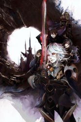  2girls 3boys armor blonde_hair brother_and_sister brothers camilla_(fire_emblem) cape castle castlevania:_symphony_of_the_night castlevania_(series) commentary_request elise_(fire_emblem) fire_emblem fire_emblem_fates gloves hair_between_eyes hair_over_one_eye half-siblings highres holding holding_sword holding_weapon leo_(fire_emblem_fates) long_hair male_corrin_(fire_emblem) male_focus multiple_boys multiple_girls official_alternate_costume parody pauldrons purple_hair rangqui red_eyes short_hair shoulder_armor siblings sisters solo_focus style_parody sword very_long_hair wavy_hair weapon white_hair xander_(fire_emblem) 