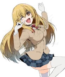  1girl ;d bag blazer blonde_hair bow bowtie breasts brown_eyes chain chain_between_breasts commentary_request emblem gloves handbag highres jacket large_breasts long_hair looking_at_viewer mac-v miniskirt no_print one_eye_closed open_mouth plaid_clothes plaid_skirt pleated_skirt red_bow red_bowtie school_emblem school_uniform shokuhou_misaki simple_background skirt smile solo sparkling_eyes symbol-shaped_pupils thigh-highs toaru_kagaku_no_mental_out toaru_kagaku_no_railgun toaru_majutsu_no_index tokiwadai_school_uniform v watermark white_background white_gloves white_thighhighs winter_uniform zettai_ryouiki 