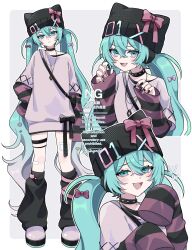  1girl alternate_costume animal_hat aqua_eyes aqua_hair black_nails black_sleeves bow cat_hat commentary_request fang frown gradient_hair hair_between_eyes hair_bow hat hat_bow hatsune_miku highres jewelry long_hair multicolored_hair multiple_views naguno-0713 necklace open_mouth oversized_clothes pink_bow pink_hair pink_sweater purple_sleeves skin_fang sleeves_past_fingers sleeves_past_wrists smile solo striped_clothes sweater twintails very_long_hair vocaloid 
