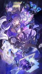  2girls absurdres bare_shoulders black_cloak black_gloves black_shorts breasts chibi chinese_commentary cloak commentary_request crossed_bangs drill_hair drill_ponytail eyewear_on_head fishnet_kneehighs fishnet_socks fishnets from_above gloves goggles goggles_on_head grey_eyes grey_hair hair_between_eyes headgear highres holding_hands honkai:_star_rail honkai_(series) jacket knee_pads long_hair looking_at_another looking_up mechanical_gloves multiple_girls navel open_clothes open_jacket ponytail purple-tinted_eyewear purple_hair shirt shorts silver_wolf_(honkai:_star_rail) silver_wolf_(lv.999)_(honkai:_star_rail) single_knee_pad sitting smile socks thigh_strap tinted_eyewear very_long_hair wangjidemoe871 