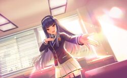  1girl :d black_hair black_thighhighs blunt_bangs blurry blurry_background blush bow commentary_request cowboy_shot depth_of_field game_asset hairband highres indoors jacket long_hair long_sleeves looking_at_viewer necktie non-web_source official_art open_mouth outstretched_arm outstretched_hand pleated_skirt purple_hair school_uniform self-datamine senju_koyomi shirt skirt smile solo standing sunlight thigh-highs very_long_hair white_skirt window world_dai_star zettai_ryouiki 