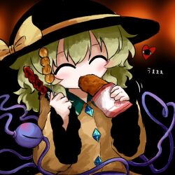  1girl black_hat bow buttons closed_eyes collared_shirt dango diamond_button disembodied_linked_eye eyeball facing_viewer food food_request frilled_shirt_collar frilled_sleeves frills green_hair hat hat_bow heart heart_of_string heripantomorrow holding holding_skewer komeiji_koishi long_sleeves shirt skewer solo touhou translation_request wagashi wide_sleeves yellow_bow yellow_shirt 