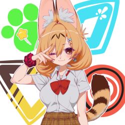  1girl animal_ears animal_print blonde_hair blush blush_stickers bow breast_pocket cat_ears cat_tail collar collarbone earrings frilled_wrist_cuffs frills hair_ornament hairclip heart heart_earrings jewelry kemono_friends looking_at_viewer nail_polish notora one_eye_closed parallel_hairclips paw_print paw_print_background plaid_clothes plaid_skirt pocket serval_(kemono_friends) shirt short_hair skirt smile solo star_(symbol) tail upper_body v v_over_eye white_background white_shirt wrist_cuffs yellow_nails 