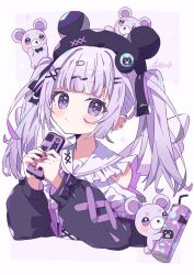  1girl aramedraw black_hat black_jacket blunt_bangs blush border cellphone closed_mouth commentary_request cropped_torso frilled_sailor_collar frills hair_ornament hat highres holding holding_phone jacket long_hair long_sleeves mouse_(animal) original outside_border phone purple_background purple_hair sailor_collar sidelocks signature simple_background smartphone solo twintails violet_eyes white_border white_sailor_collar x_hair_ornament 