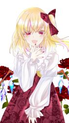  1girl alternate_costume blonde_hair bow commentary_request commission crystal_wings flandre_scarlet floral_print flower hair_bow highres ibispaint_(medium) juliet_sleeves long_hair long_sleeves marimohu_starry missing_headwear open_mouth puffy_sleeves red_bow red_eyes red_flower red_nails red_rose red_skirt rose sash shirt side_ponytail skirt solo touhou white_background white_shirt wings yellow_bow yellow_sash 