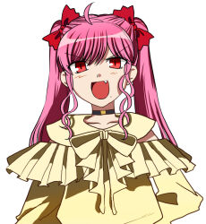  1girl :d ahoge arm_behind_back black_choker blush bow choker commentary_request dead_apostle_noel_(tsukihime) dress facing_viewer fang frilled_dress frills long_hair long_sidelocks looking_at_viewer melty_blood melty_blood:_type_lumina metarogu mole mole_under_mouth noel_(tsukihime) official_alternate_costume parody red_bow red_eyes sidelocks smile solo standing style_parody takeuchi_takashi_(style) tsukihime tsukihime_(remake) twintails upper_body vampire wavy_hair yellow_dress 