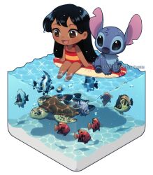  1girl alien animal animification black_hair blue_fur brown_eyes casual_one-piece_swimsuit dark-skinned_female dark_skin dav-19 lilo_&amp;_stitch lilo_pelekai long_hair notched_ear ocean one-piece_swimsuit open_mouth sitting smile stitch_(lilo_&amp;_stitch) surfboard swimsuit transparent_background turtle water wet wet_hair 