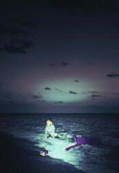  1girl absurdres commentary cone_hair_bun double_bun green_lips hair_bun highres jojo_no_kimyou_na_bouken kimeohandream kujo_jolyne multicolored_hair ocean outdoors solo stone_ocean two-tone_hair water 