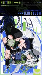  1boy 1girl alternate_costume angel_wings animal_ear_headwear animal_hat animal_on_lap animalization aranara_(genshin_impact) arm_strap arm_warmers arm_wrap bandaid bandaid_on_face beret black_arm_warmers black_cat black_choker black_hat black_leg_warmers black_shirt black_sleeves black_tail blue_hair blunt_ends bright_pupils casual cat cat_hair_ornament character_name choker choppy_bangs clothes_around_waist colored_tips commentary_request contemporary crew_neck cross-shaped_pupils demon_tail eyelashes eyeliner genshin_impact green_eyes green_hair green_shirt green_sleeves grey_eyes hair_ornament hairclip hat highres houhouhou0103 jacket jacket_around_waist leaf leaf_hair_ornament leg_warmers long_hair long_sleeves lying makeup multicolored_hair nahida_(genshin_impact) on_lap on_stomach parted_lips person_and_animalization plaid_clothes plaid_jacket plant pointy_ears rabbit_hat red_eyeliner scaramouche_(cat)_(genshin_impact) scaramouche_(genshin_impact) shirt shoes short_sleeves side_ponytail sidelocks sideways sitting symbol-shaped_pupils tail torn_clothes torn_sleeves tsurime vines wariza white_hair white_hat white_mouth white_pupils white_shoes white_wings wings 