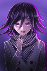  1boy :d black_hair buttons checkered_clothes checkered_scarf commentary_request danganronpa_(series) danganronpa_v3:_killing_harmony double-breasted drop_shadow eyelashes flipped_hair hand_up index_finger_raised leon_no_neko looking_at_viewer male_focus medium_hair oma_kokichi open_mouth purple_background purple_theme scarf shirt simple_background smile solo spiky_hair teeth tsurime upper_teeth_only violet_eyes white_shirt 