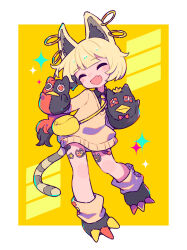  1girl :d ^_^ animal_ear_fluff animal_ear_piercing animal_ears bandaid bandaid_on_leg bandaid_on_thigh black_shirt black_shoes blonde_hair blunt_bangs blush border cat_ears cat_girl cat_tail closed_eyes collared_shirt commentary_request commission fang full_body hands_up highres honoca6190 long_sleeves necktie open_mouth original outside_border shirt shoes short_hair skeb_commission skin_fang smile socks solo sparkle standing striped_tail sweater tail white_border yellow_background yellow_necktie yellow_socks yellow_sweater 