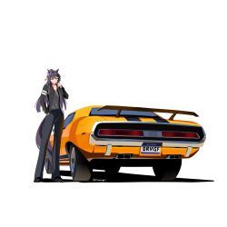  1girl animal_ears bandaid bandaid_on_face bandaid_on_nose black_hair black_jacket black_pants black_shoes breasts car collarbone commentary dodge_challenger english_commentary grey_shirt hair_between_eyes hand_in_pocket highres horse_ears horse_girl horse_tail jacket long_hair long_sleeves motor_vehicle mouth_hold narita_brian_(umamusume) open_clothes open_jacket pants ponytail rope shimenawa shirt shoes simple_background stalk_in_mouth tail toyeeta_prius umamusume vehicle_request yellow_eyes 