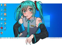  1girl :o adobe aqua_eyes aqua_hair aqua_nails aqua_necktie arm_tattoo artist_name blush clothes_writing collared_shirt commentary desktop_(computing) detached_sleeves english_commentary english_text eyelashes fingernails fourth_wall google_chrome grey_shirt hair_between_eyes hand_on_own_hip hatsune_miku headset leaning long_hair looking_at_viewer microsoft_edge microsoft_windows mozilla_firefox nail_polish necktie number_tattoo open_mouth painttool_sai_(medium) recycle_bin screenshot_background shirt solo sunnypoppy tattoo tie_clip twintails vlc_media_player vocaloid wi-fi_symbol windows_10 