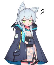  1girl ? absurdres animal_ear_fluff animal_ears arknights blue_gloves blue_hair blue_jacket blush cat_ears cat_girl closed_mouth commentary_request cowboy_shot double-parted_bangs dress fingerless_gloves gloves green_eyes hair_ornament hh highres jacket long_hair looking_at_viewer multicolored_dress open_clothes open_jacket rosmontis_(arknights) short_dress sidelocks simple_background solo standing tongue tongue_out white_background 
