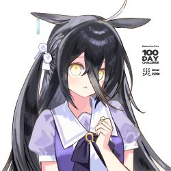  1girl absurdres ahoge alternate_hairstyle animal_ears black_hair blush bow bowtie city_(nnnnnnn_100) closed_mouth commentary_request ear_tag earrings frown hair_between_eyes hair_bow highres horse_ears horse_girl jewelry long_bangs long_hair long_hair_between_eyes looking_at_viewer manhattan_cafe_(umamusume) multicolored_hair puffy_short_sleeves puffy_sleeves purple_bow purple_bowtie purple_shirt sailor_collar sailor_shirt school_uniform shirt short_sleeves simple_background single_earring solo tracen_school_uniform umamusume upper_body very_long_hair white_background white_bow white_hair yellow_eyes 