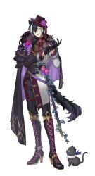  1boy :d absurdres adjusting_clothes adjusting_gloves alternate_costume animal_ears animal_on_shoulder anklet artist_request asymmetrical_cape belt black_cape black_gloves black_hair black_jacket black_pants boots boutonniere brooch cape cat chain chest_belt collared_shirt contrast_collar contrast_lapels fangs fedora flower flower_brooch flower_ornament full_body fur-trimmed_cape fur-trimmed_sleeves fur_trim gloves gold_trim grey_cat hair_between_eyes hair_over_shoulder hat hat_flower hat_ribbon high-waist_pants high_heel_boots high_heels highres holostars jackal_boy jackal_ears jackal_tail jacket jewelry kageyama_shien knee_boots koyama_(kageyama_shien) lace-up_boots lace_shirt lapels leaf looking_at_viewer low_ponytail male_focus medium_hair monocle multicolored_boots multicolored_hair multicolored_jacket nakayama_(kageyama_shien) neck_ribbon nekoyama_shien official_art pants pink_flower pink_rose plant ponytail purple_belt purple_boots purple_cape purple_flower purple_hat purple_rose red_flower red_ribbon red_rose ribbon rose second-party_source sheath sheathed shirt short_shorts shorts sidelocks simple_background sleeve_cuffs smile solo spiked_anklet spikes split-color_clothes standing sword thigh_strap tilted_headwear two-sided_cape two-sided_fabric two-tone_boots two-tone_hair two-tone_jacket vines virtual_youtuber waist_cape weapon white_background white_hair white_jacket yellow_eyes 
