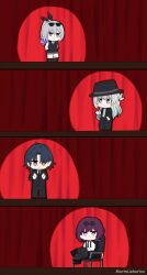  1boy 3girls absurdres black_hat black_necktie black_pants black_suit blade_(honkai:_star_rail) closed_mouth crossed_legs curtains eyewear_on_head firefly_(honkai:_star_rail) gradient_hair grey_hair hair_between_eyes hair_intakes hat highres honkai:_star_rail honkai_(series) kafka_(honkai:_star_rail) long_hair marin_liekuriva multicolored_hair multiple_girls necktie pants purple_hair silver_wolf_(honkai:_star_rail) smile spotlight suit twitter_username 