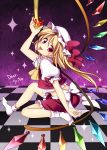  1girl apple bad_hands bad_id blonde_hair checkered checkered_floor flandre_scarlet food fruit highres holding holding_fruit honey masaru.jp no_shoes pink_eyes short_hair side_ponytail socks solo tongue touhou wings 