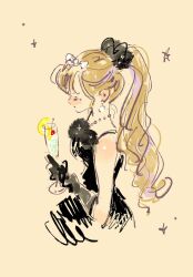  1girl black_dress blonde_hair blush closed_eyes closed_mouth commentary_request cup dress english_commentary hair_tie highres holding holding_cup making-of_available mayuringo_14 mixed-language_commentary original ponytail simple_background solo upper_body yellow_background 