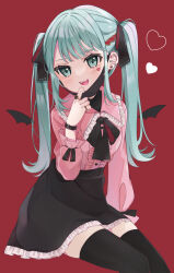  1girl :d absurdres arm_at_side barbell_piercing black_bow black_ribbon black_skirt black_thighhighs blunt_bangs blush bow center_frills commentary ear_piercing earrings fangs feet_out_of_frame frilled_shirt frilled_shirt_collar frilled_skirt frills green_eyes green_hair hair_ornament hair_ribbon hatsune_miku heart heart_hair_ornament heart_ring heart_sticker high-waist_skirt highres industrial_piercing invisible_chair jewelry jirai_kei llatteowo long_hair long_sleeves looking_at_viewer mask mask_pull mouth_mask multiple_rings open_mouth piercing pink_shirt red_background ribbon ring shirt sidelocks simple_background sitting skirt sleeve_bow smile solo sticker sticker_on_face straight_hair stud_earrings teeth thigh-highs twintails upper_teeth_only vampire vampire_(vocaloid) very_long_hair vocaloid watch watch zettai_ryouiki 