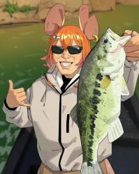  1boy 1girl \m/ absurdres animal animal_ear_piercing animal_ears blurry blurry_background boat character_request copyright_request depth_of_field fish flowerpigeon grin hair_ornament hairclip highres holding holding_animal holding_fish hood jacket medium_hair meme mouse_ears mouse_girl notched_ear on_boat orange_hair outdoors rat_boy smile solo sunglasses v water watercraft white_jacket 