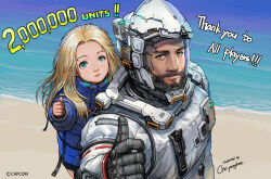  1boy 1girl absurdres aqua_eyes artist_name beach beard blonde_hair blue_coat brown_eyes capcom carrying cho_yonghee closed_mouth coat commentary_request copyright_name diana_(pragmata) english_text facial_hair full_beard helmet highres hugh_williams long_hair long_sleeves looking_at_viewer milestone_celebration ocean official_art outdoors outstretched_arm padded_coat piggyback pragmata sand space_helmet spacesuit thumbs_up upper_body 