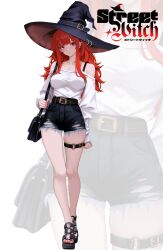  1girl bag bare_shoulders belt belt_buckle black_belt black_hat breasts buckle casual collarbone contemporary cutoffs denim denim_shorts ear_piercing full_body handbag hat highres legs long_hair nail_polish o-ring original piercing red_eyes red_hair red_nails ribbed_shirt shirt short_shorts shorts solo thigh_belt thigh_strap thighs toenail_polish toenails toes val_(yan_kodiac) witch_hat yan_kodiac 