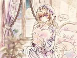  1girl absurdres bed blonde_hair blush candle commentary curtains dress english_text frilled_dress frills hat heart heart-shaped_pillow highres holding holding_pillow ibispaint_(medium) indoors long_hair looking_at_viewer maribel_hearn marimohu_starry mob_cap moon night pillow plant potted_plant purple_dress sitting sleepwear solo star-shaped_pillow star_ornament stuffed_animal stuffed_sheep stuffed_toy touhou variant_set violet_eyes white_hat window 