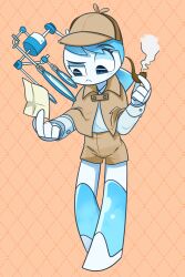  1girl blue_hair brown_background brown_hat brown_shorts closed_mouth clothed_robot colored_skin detective dishwasher9 full_body half-closed_eye hat holding holding_paper holding_smoking_pipe humanoid_robot jenny_wakeman joints magnifying_glass mechanical_hair metal_skin my_life_as_a_teenage_robot paper robot robot_joints shorts smoking_pipe solo standing twintails white_skin 